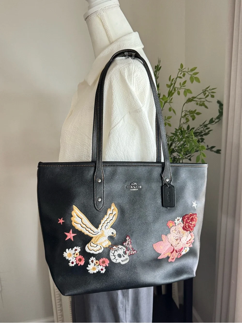 Coach Tattoo Embroidery City Black Leather Tote Bag